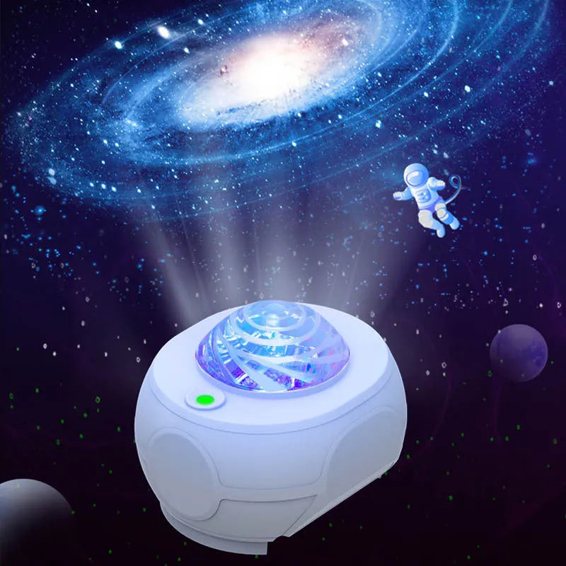 Swirl Moon Full Star Laser Atmosphere Lamp in white with remote control, USB powered, compact 93x85x74mm size