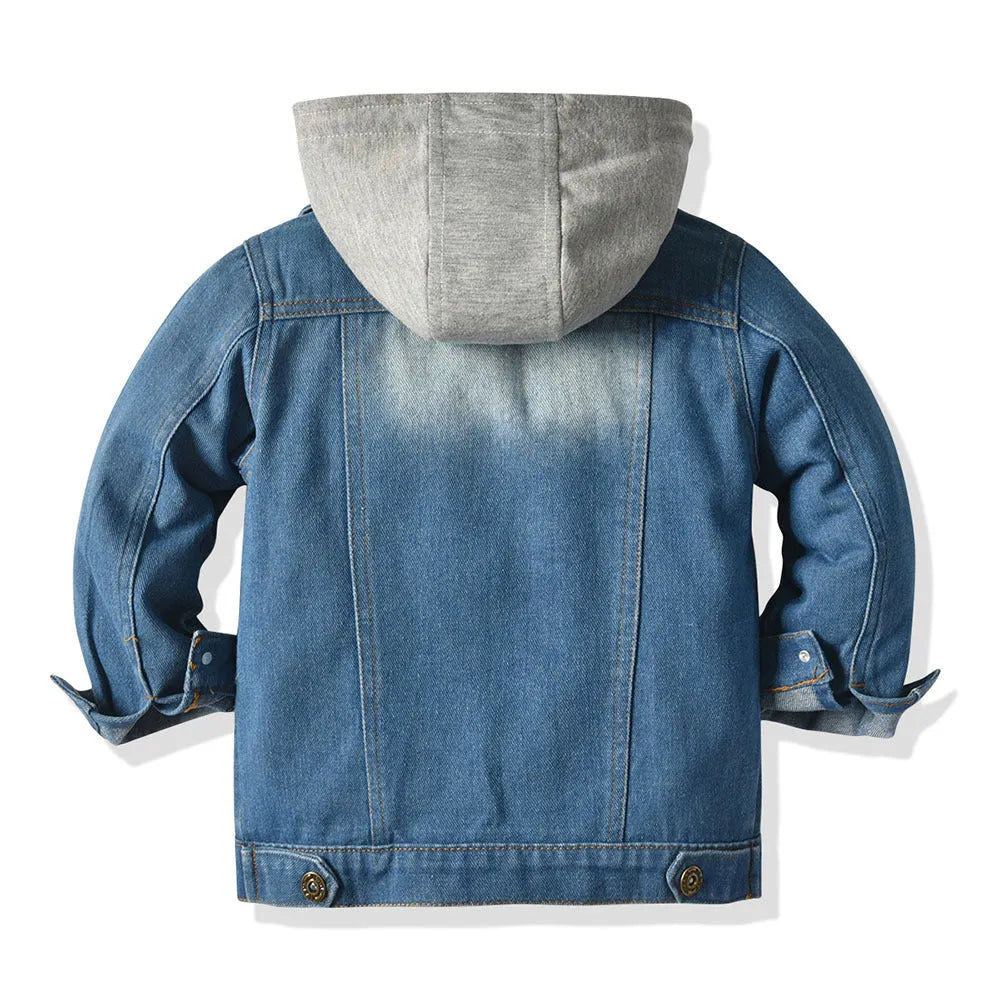 Children's grey hooded denim-style cotton top with lapel collar and single-breasted closure