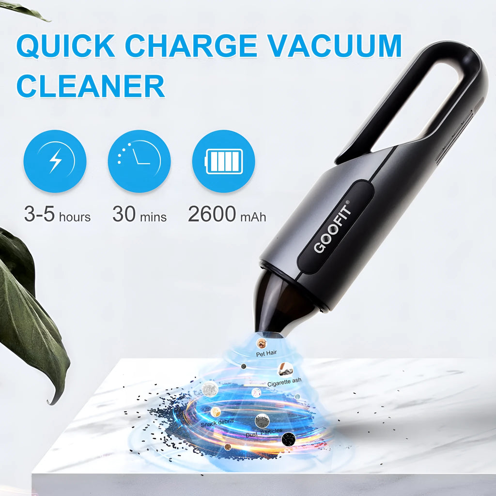 Black portable wireless handheld car vacuum cleaner with brush and flat attachments on a car seat.