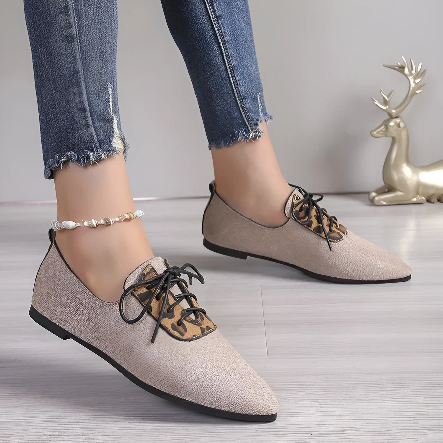 Beige leopard print plus size pointed toe pumps for women in artificial PU with rubber soles