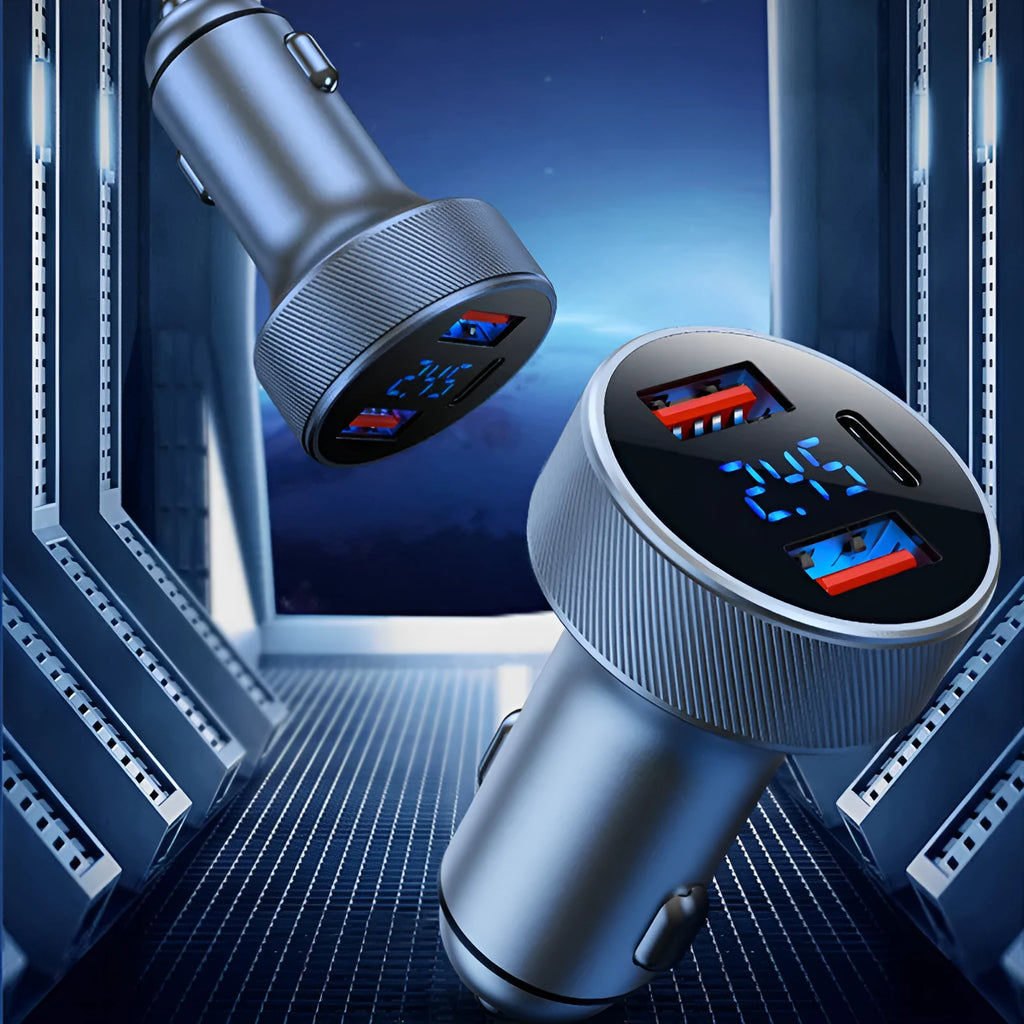 Black aluminium car charger with digital display and three charging ports