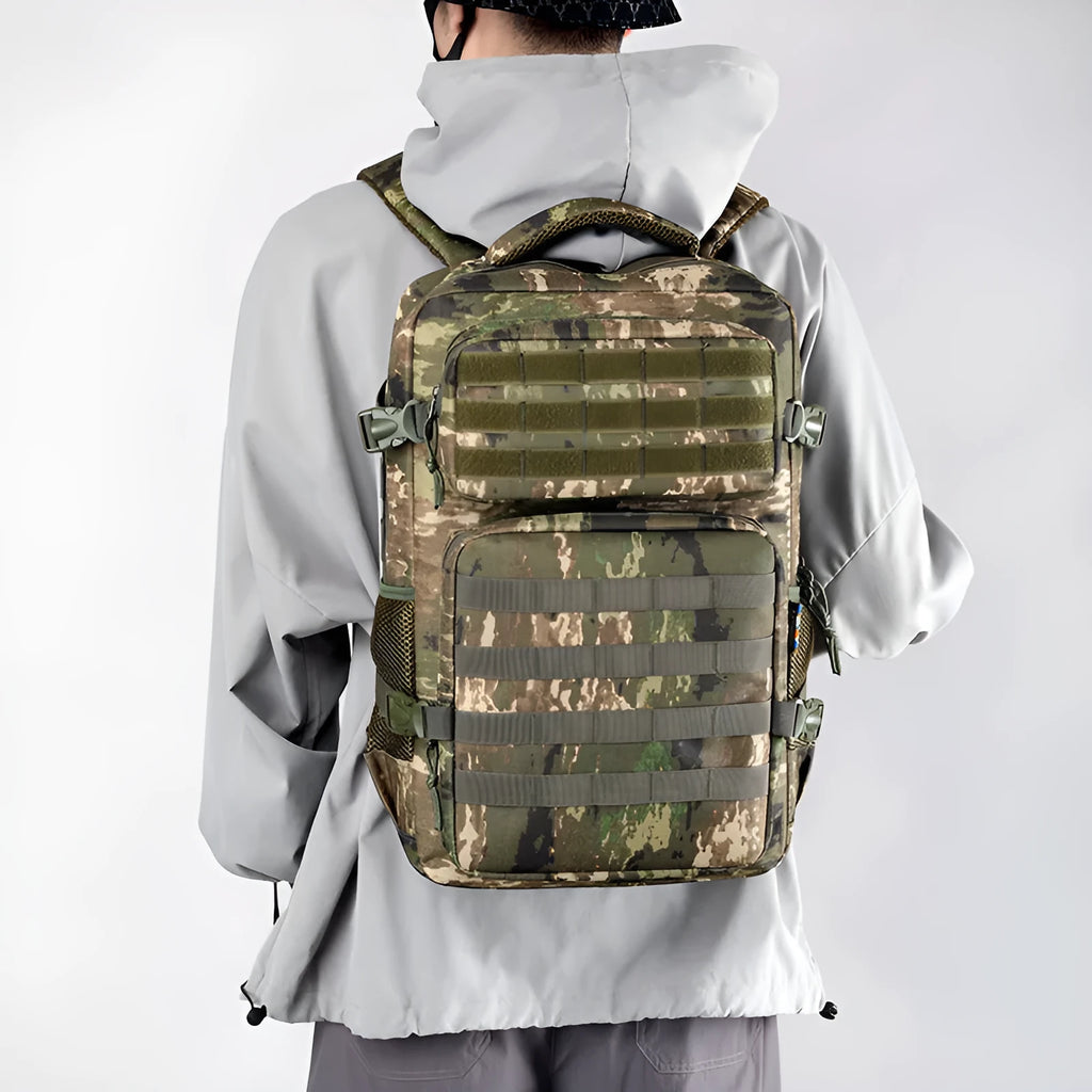 Large outdoor mountaineering backpack in camouflage pattern with curved shoulder straps