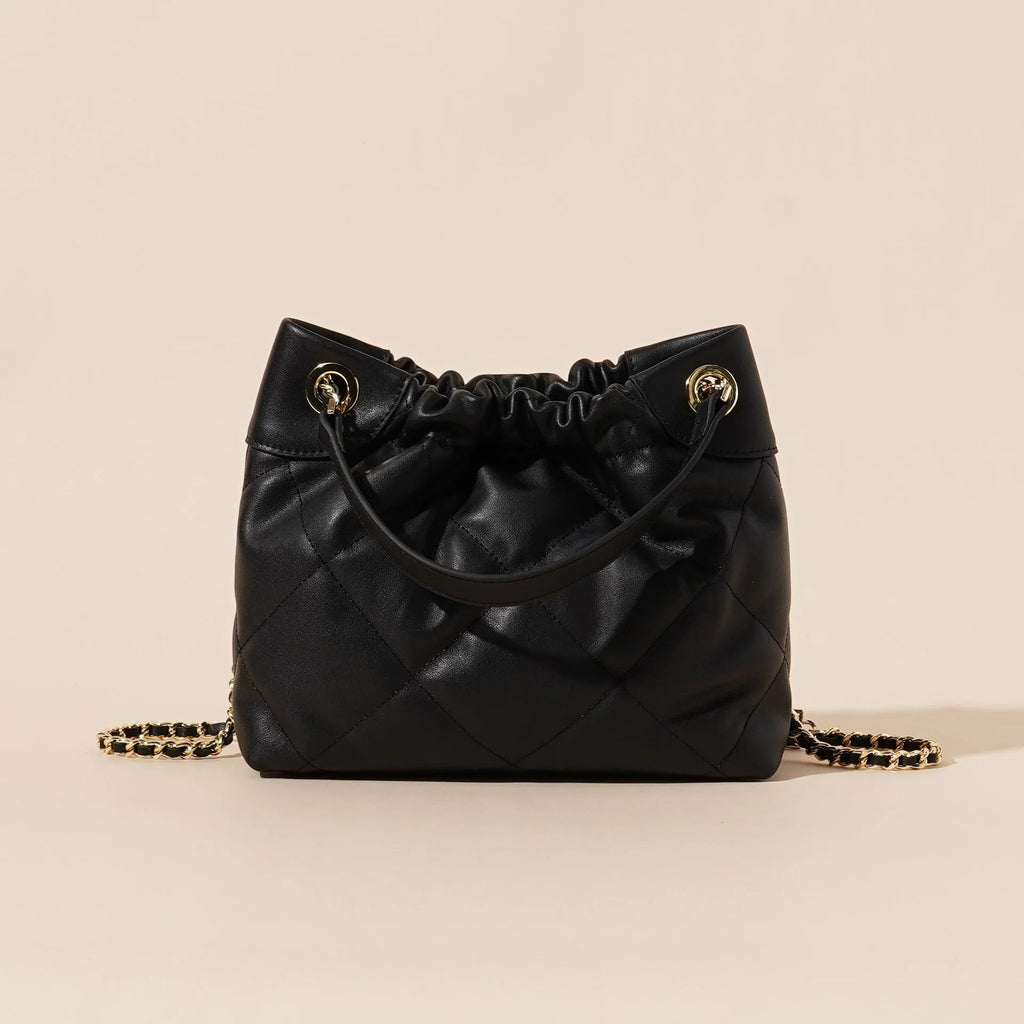 Black genuine leather bucket bag for women with single shoulder strap urban simplicity style
