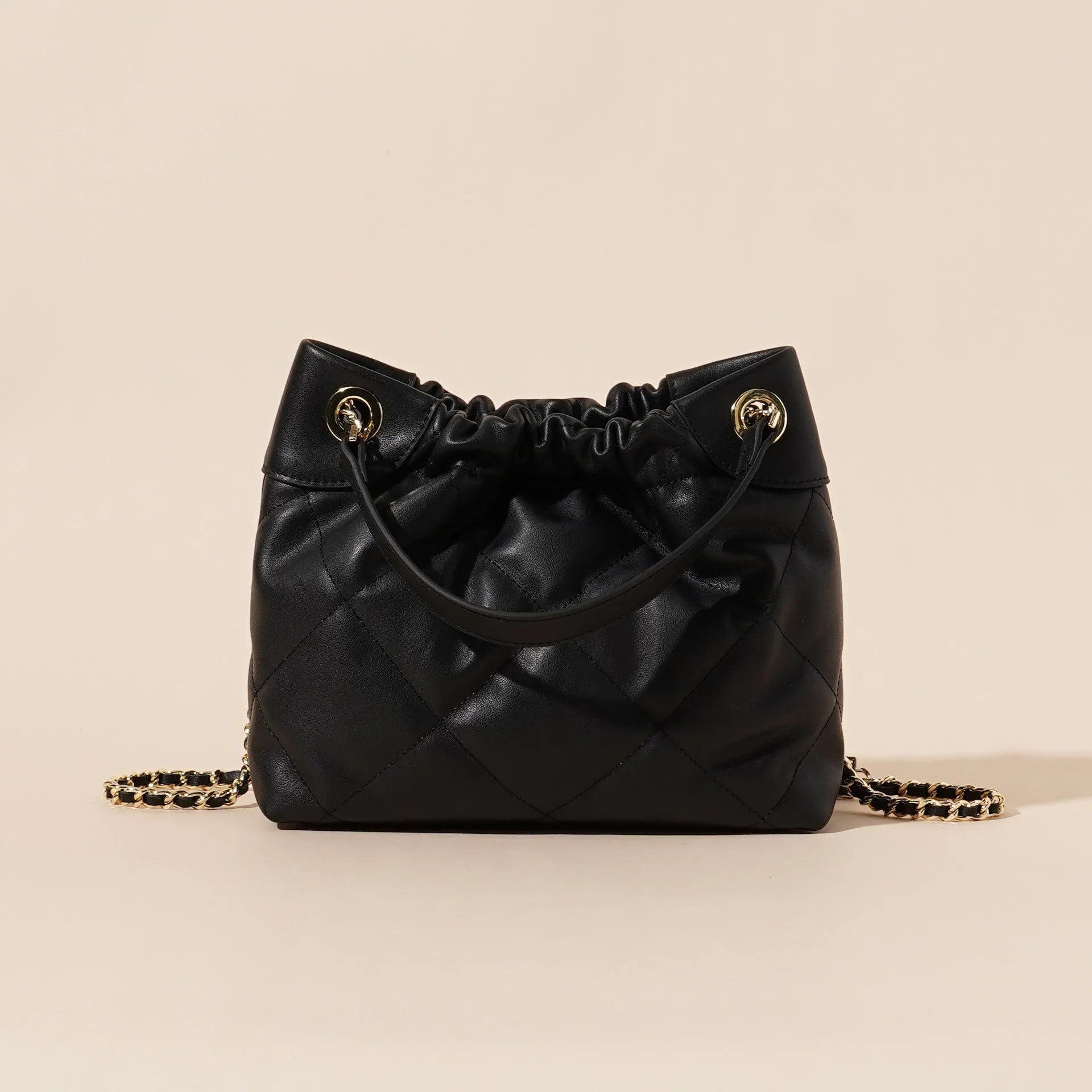 Black genuine leather bucket bag for women with single shoulder strap urban simplicity style