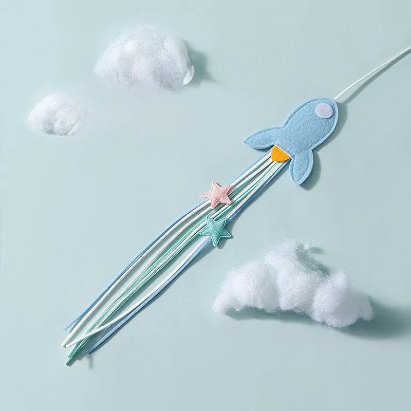 Blue cat teaser toy with a long pole, inflatable ego shape, and colourful feathers.