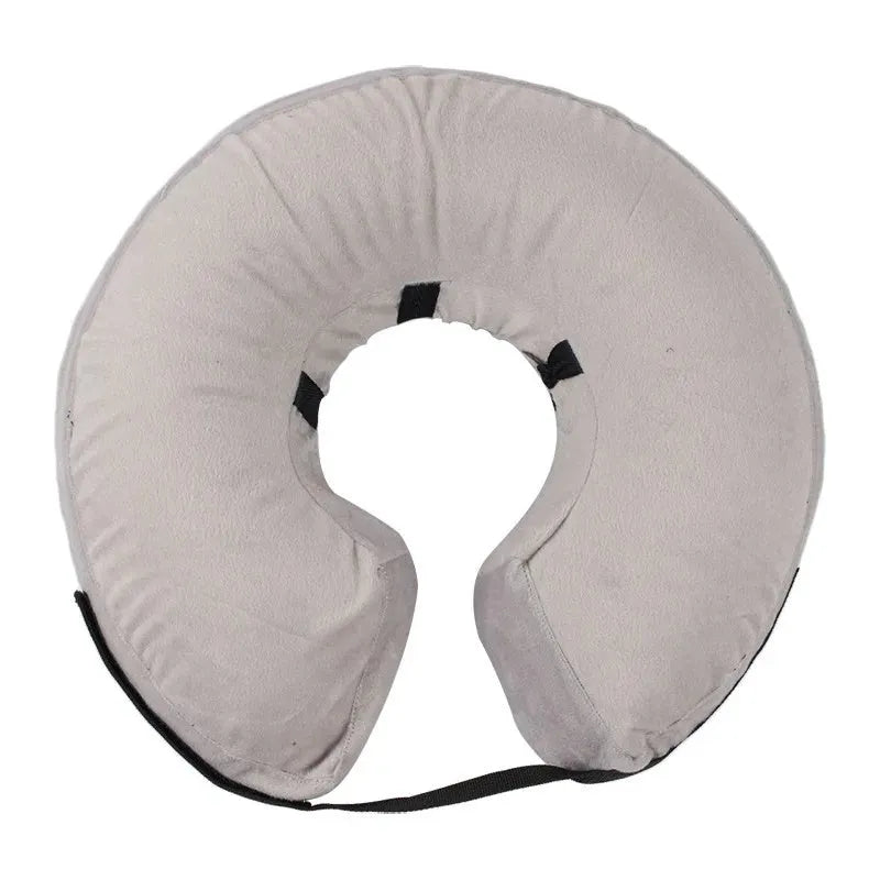 Blue inflatable dog recovery collar with adjustable strap, shown on a model for size.