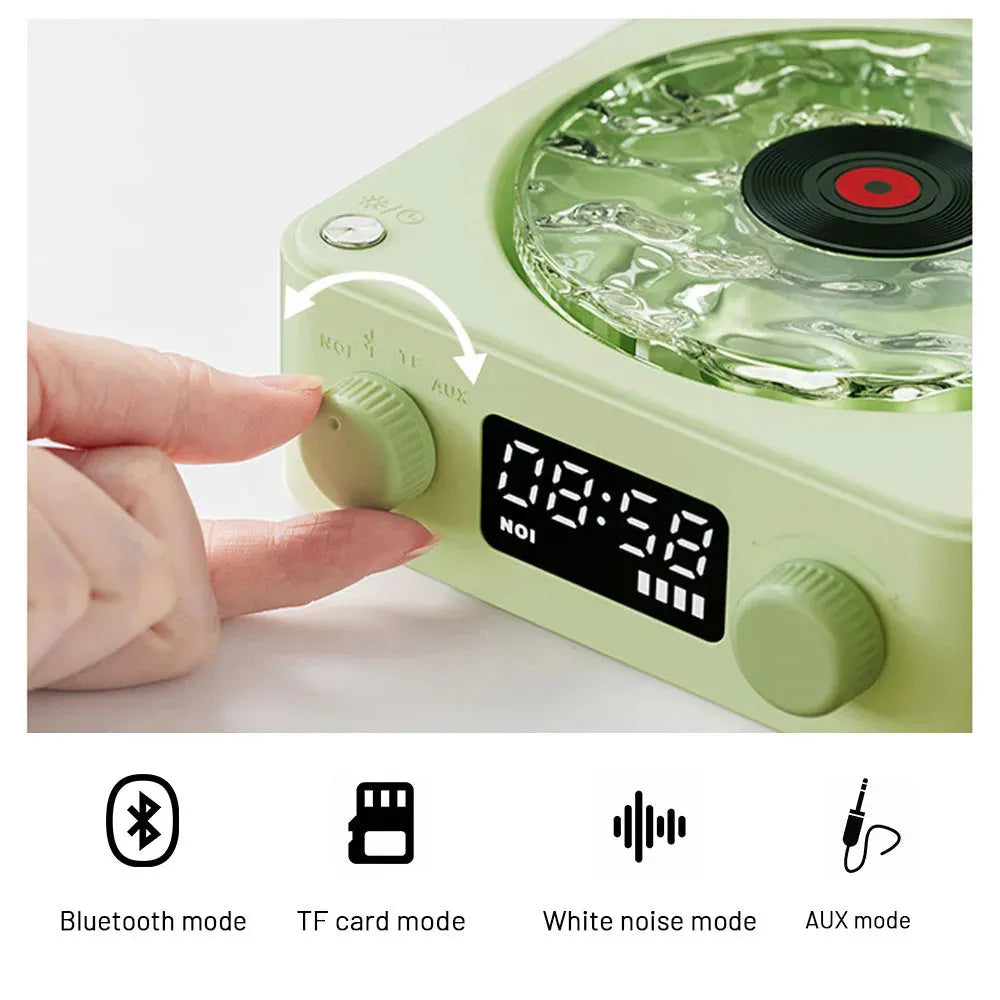 Retro Bluetooth speaker with rotating transparent turntable and RGB lighting projection