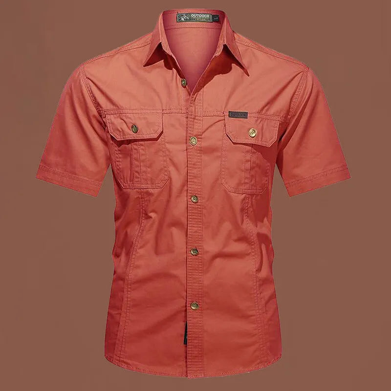 Men's army green cotton work shirt with short sleeves and a cardigan style, laid flat.