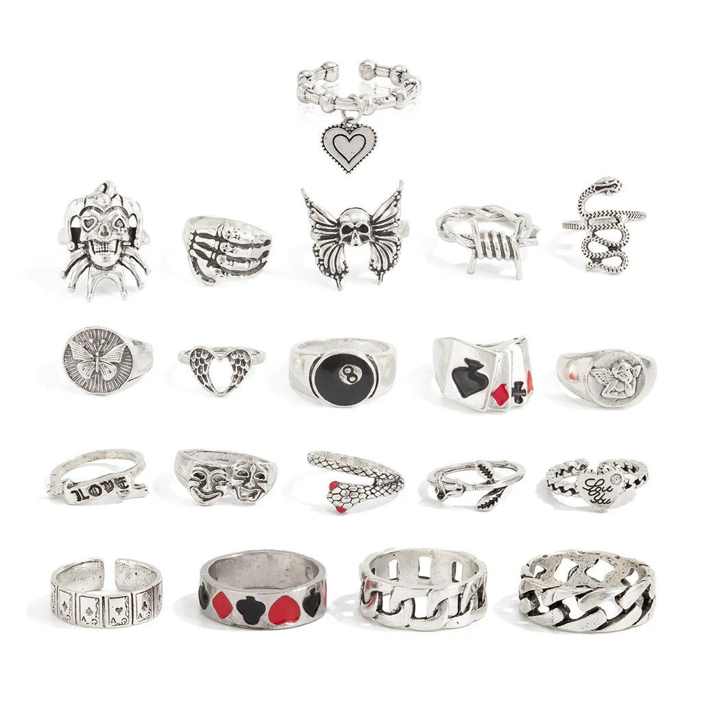 Alloy ghost snake shaped carved ring set in ancient silver geometric asymmetric design