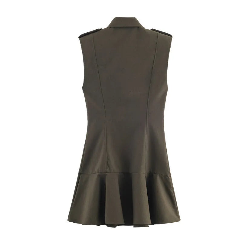 Women's short dress with padded shoulders, laminated decoration, stripes and plaid pattern, long sleeves, asymmetric skirt