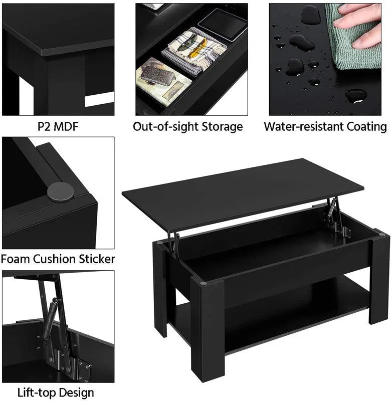Black lifting coffee table plate type with multi-function height adjustment in modern simplicity style for living room or office