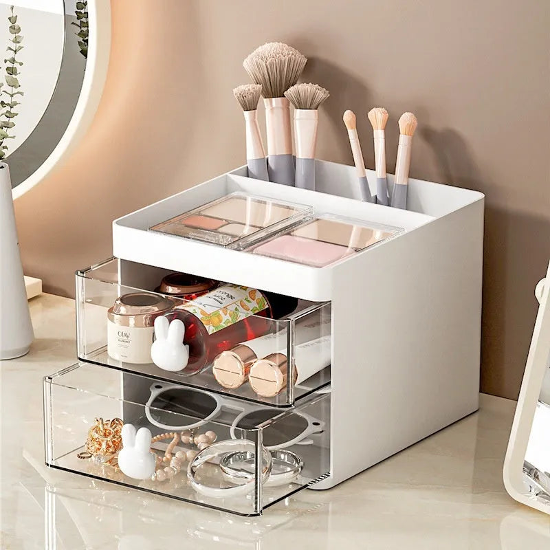 Transparent partitioned desktop storage box with drawer and internal grids in cherry blossom pink colour