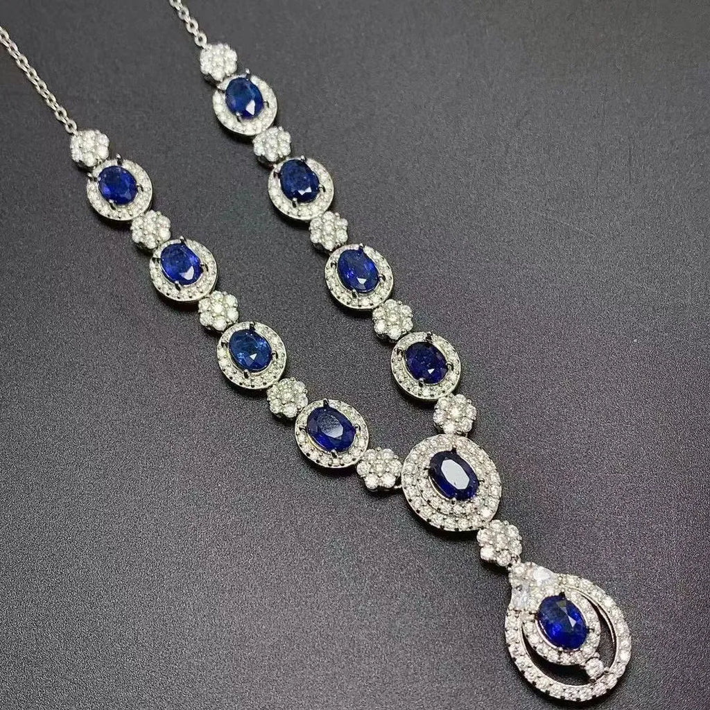 925 silver necklace with natural Sri Lankan sapphire and white gold colour geometric pendant