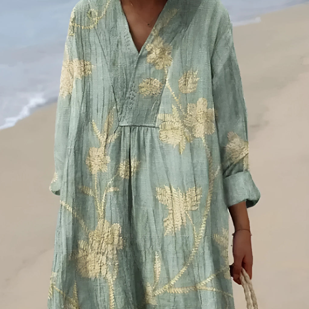 Casual long-sleeve shirt dress with a 3D printed floral pattern and a long skirt.