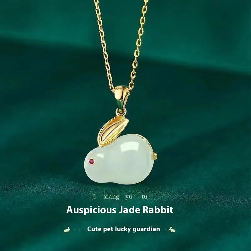 Green Chinese style jade hare bracelet for women with electroplating treatment and lily decorative elements