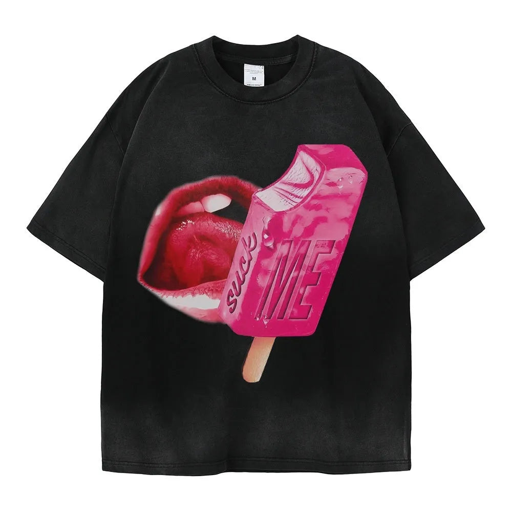 Black heavy washed short-sleeved cotton t-shirt with cartoon pattern, loose streetwear fit.