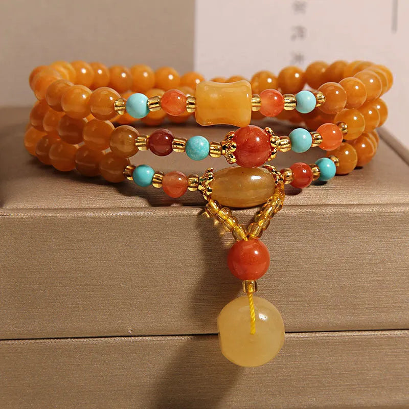 3-layer jade beaded bracelet phone pendant for women with gold-wire safety buckle and colourful beads