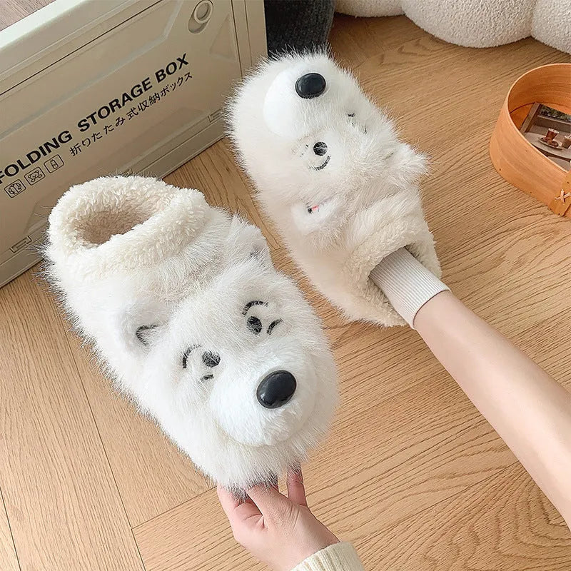 Grey ankle wrap cotton slippers with plush upper and non-slip soles for indoor home use