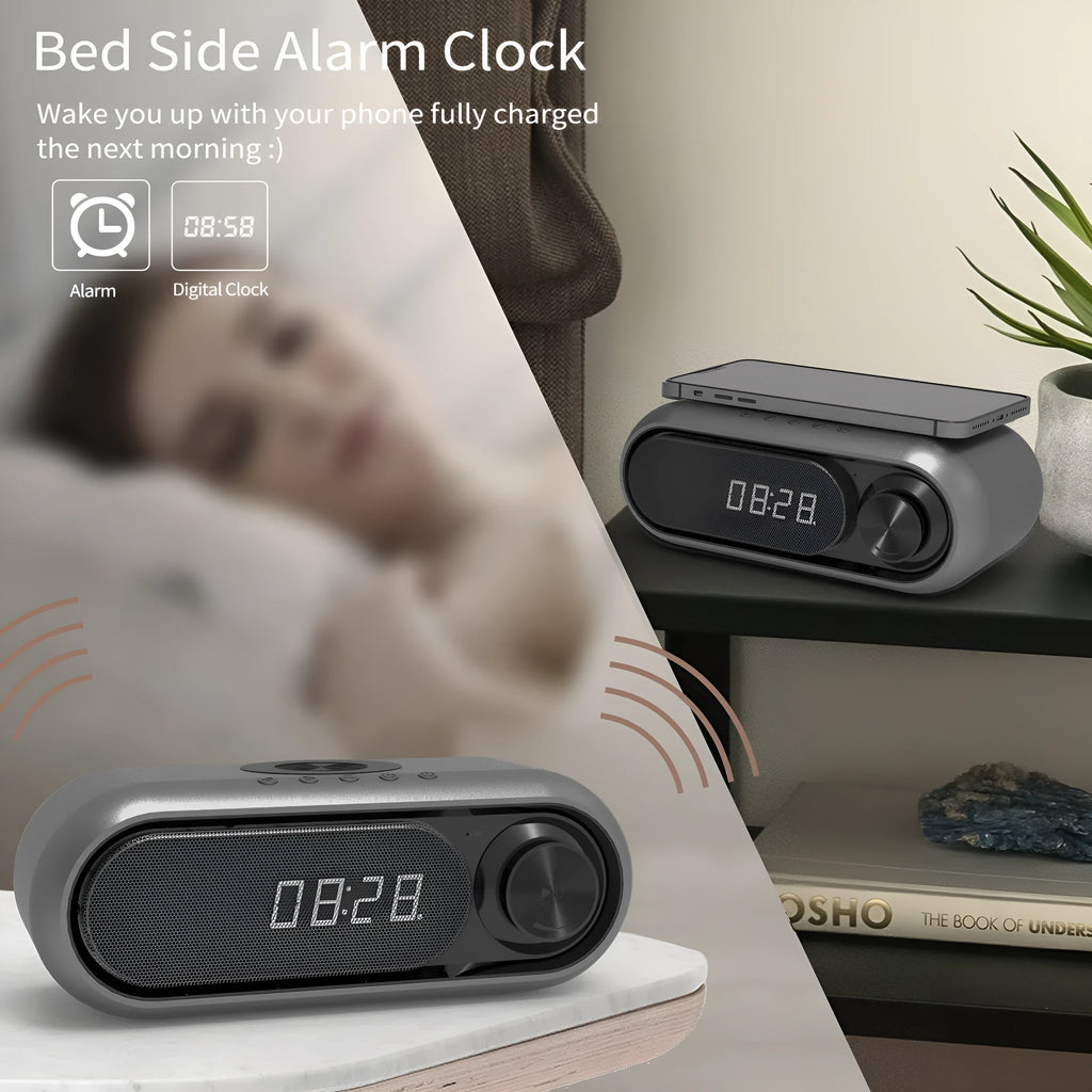 Space grey wireless charging alarm clock with Bluetooth speaker and digital display