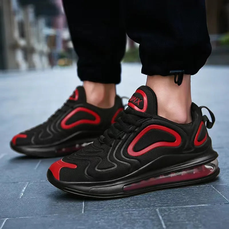 Men's black casual running shoes with a thick sole and lace-up front.