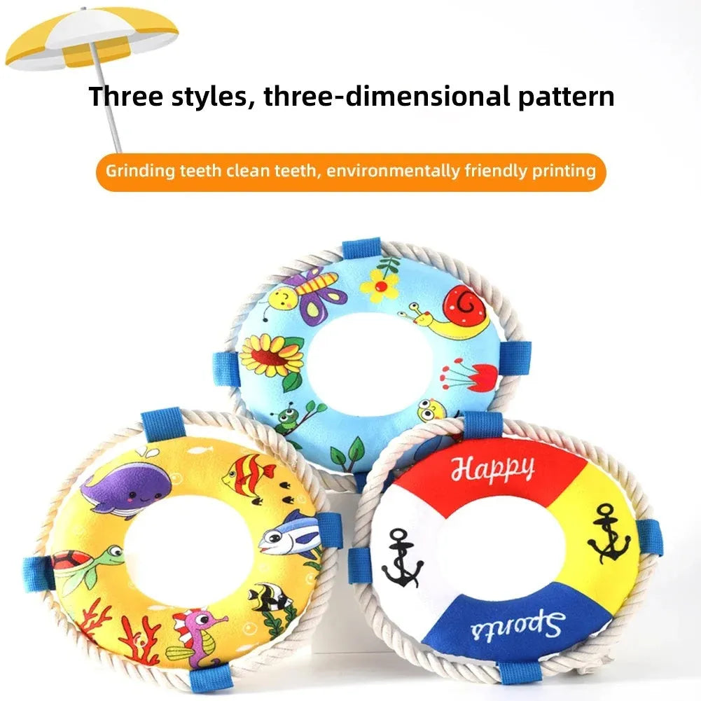 25cm diameter plush dog pull ring toy in yellow fish design for interactive pet play