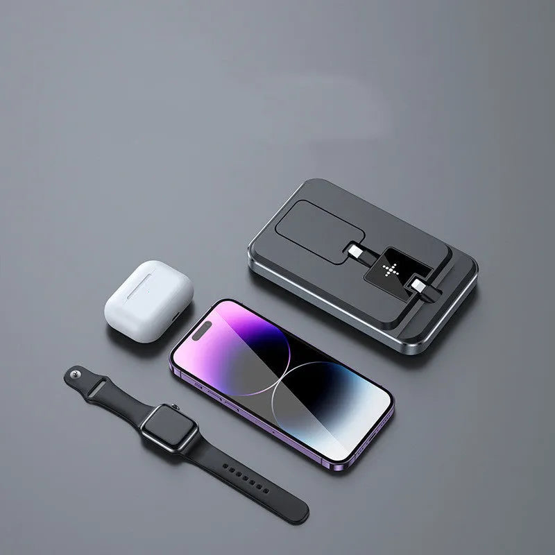 Flat folding three-in-one wireless charger 15W fast charging station for phone, watch, and earbuds in black