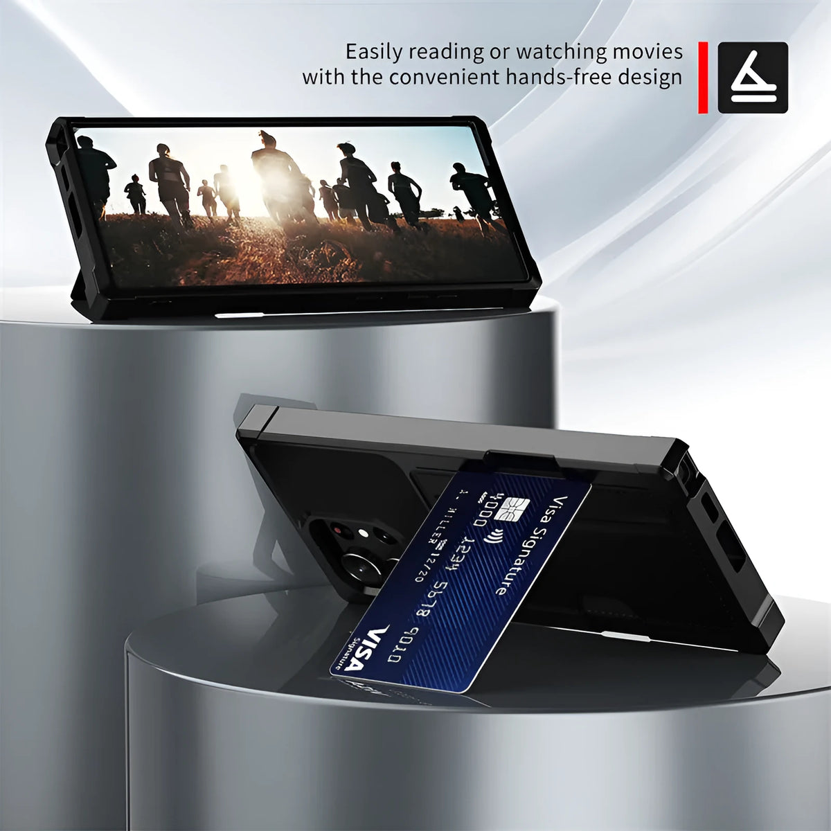 Black TPU PC phone case with card slot for Samsung, showing back with card inserted