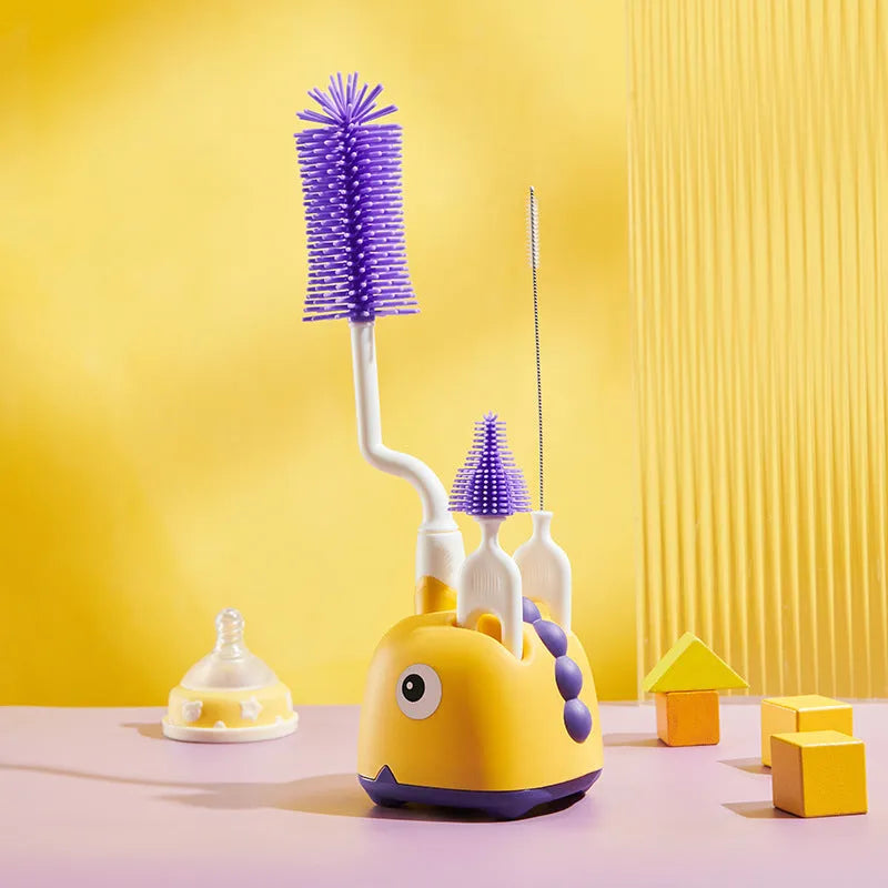 Multifunctional cleaning brush set with base for bottles, pacifiers, and straws in four colours