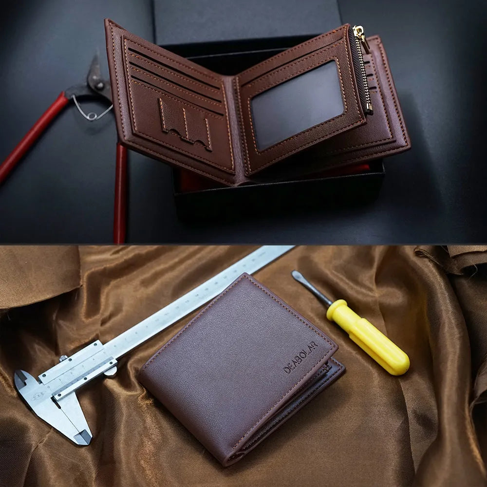 Men's leather wallet with a zipper closure, shown in one of seven available colours.