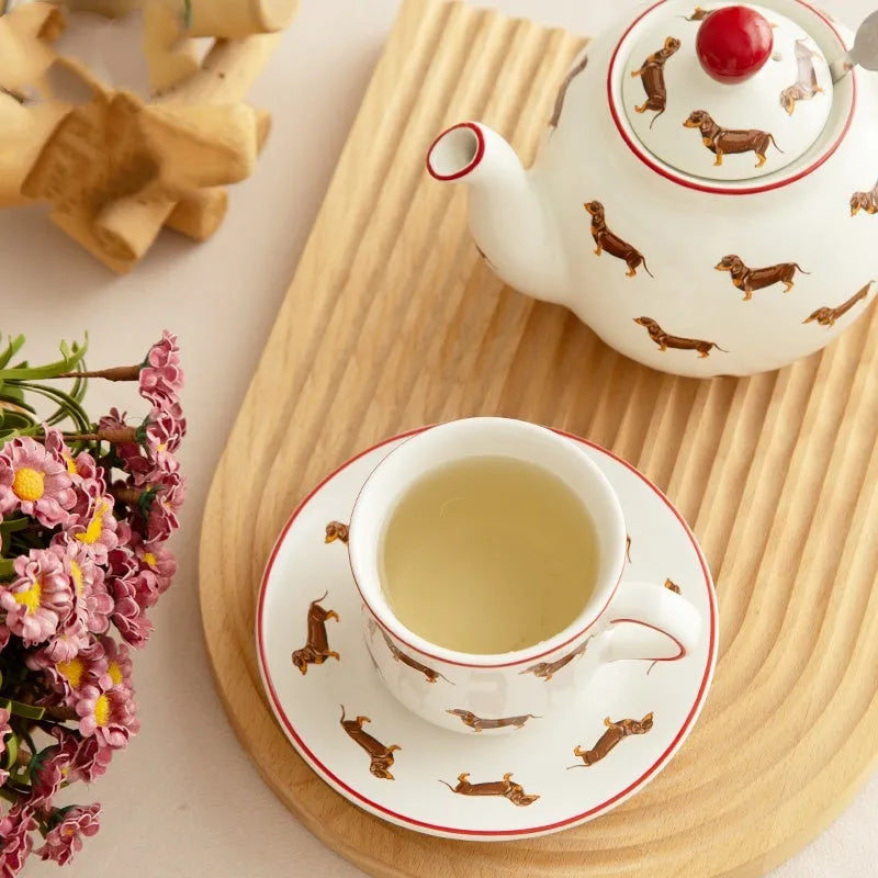 Ceramic pastoral sausage dog tea set with teapot mug and cup on saucer