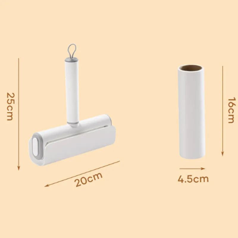 Long-handle lint roller with removable adhesive head for picking up pet hair from floors and furniture