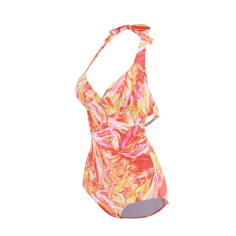 Women's backless one-piece swimsuit set with belly control and veil cover-up in orange and green