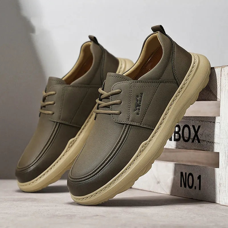Men's casual leather shoes in gray with plain surface, rubber foam sole, size 42