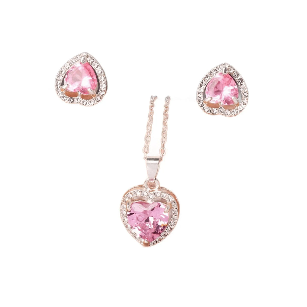 Crystal zircon heart-shaped pendant earring set in pink colour, cubic zirconia stones, stud design, approx 1.5 cm length