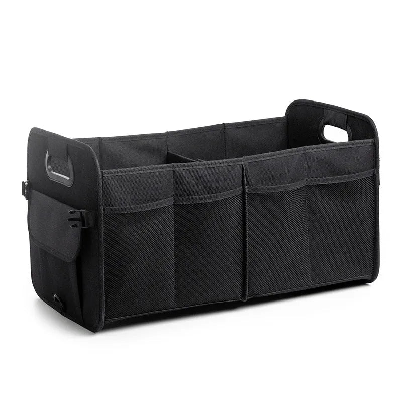 Foldable black multi-compartment car trunk storage box with handle