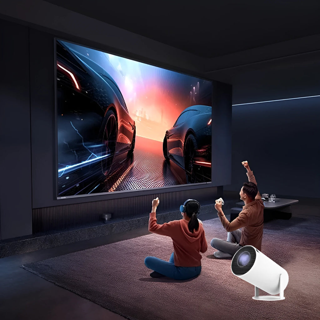 White Barrel X10 PLUS portable HD projector with remote control and gamepad on table