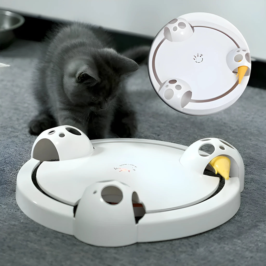 White electric cat toy turntable with mouse design on rotating ABS base, 32cm diameter