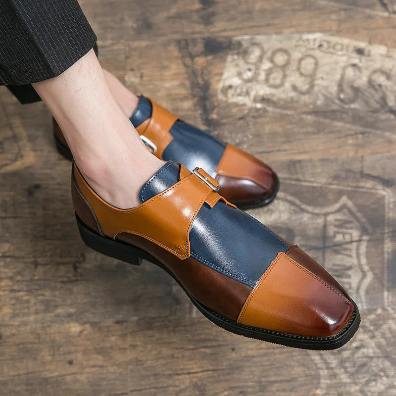 Men's brown blue retro buckle casual shoes with a tall crown microfiber upper.
