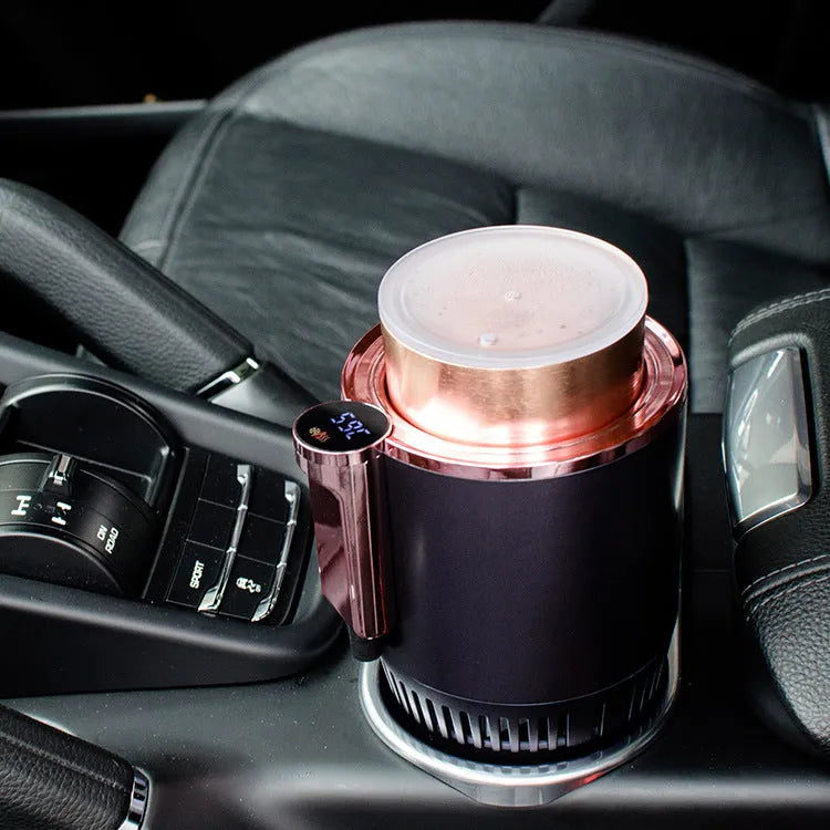 Black 12V car cup holder with digital display for heating and cooling drinks