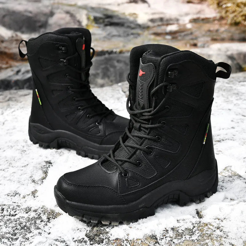 Cowhide leather hi-top hiking shoes for men and women in black, brown or beige