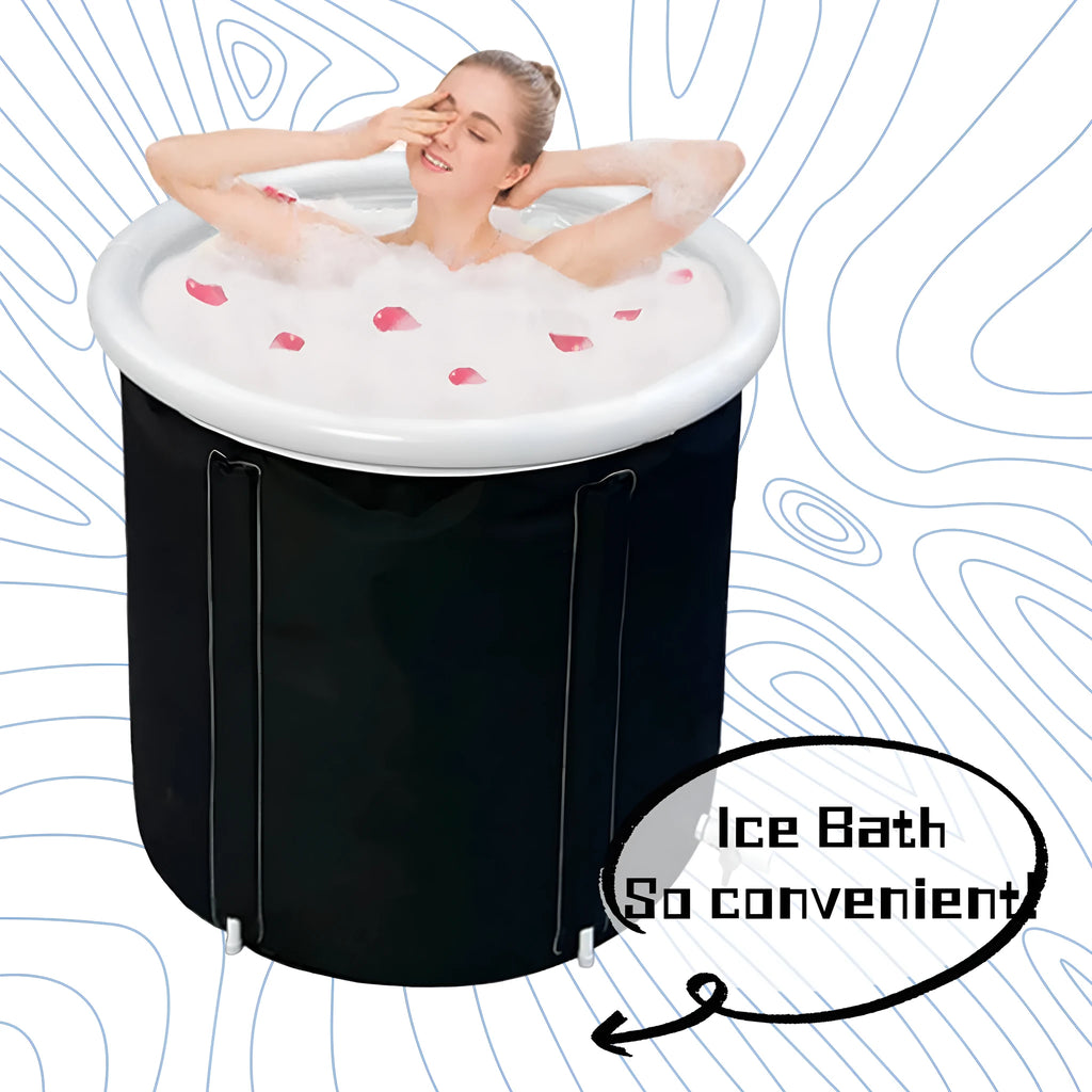 Black inflatable portable ice bath tub with insulation, shown with weather lid and pump.