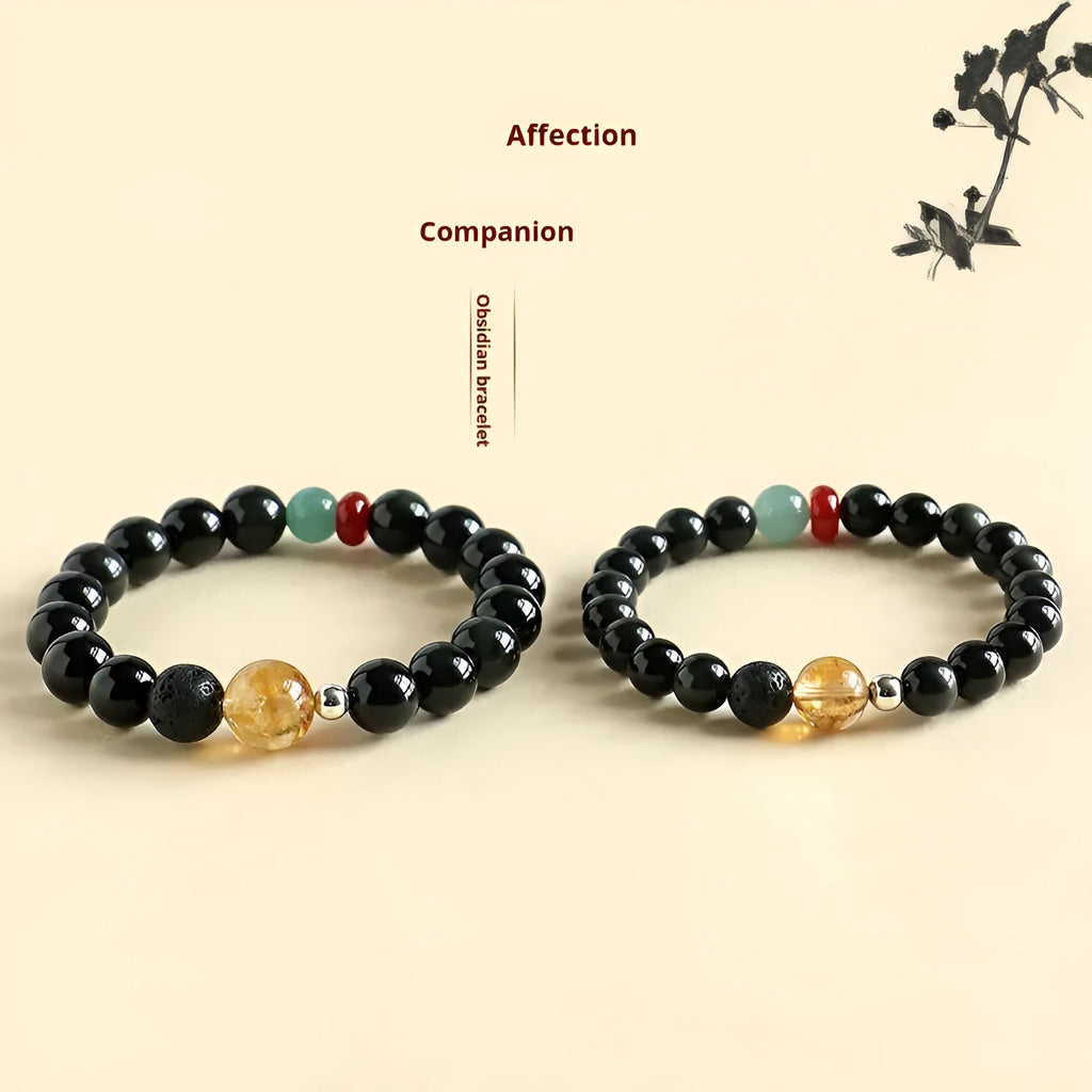 Chinese style obsidian yellow agate jade bracelet showing 8mm and 10mm bead size options.