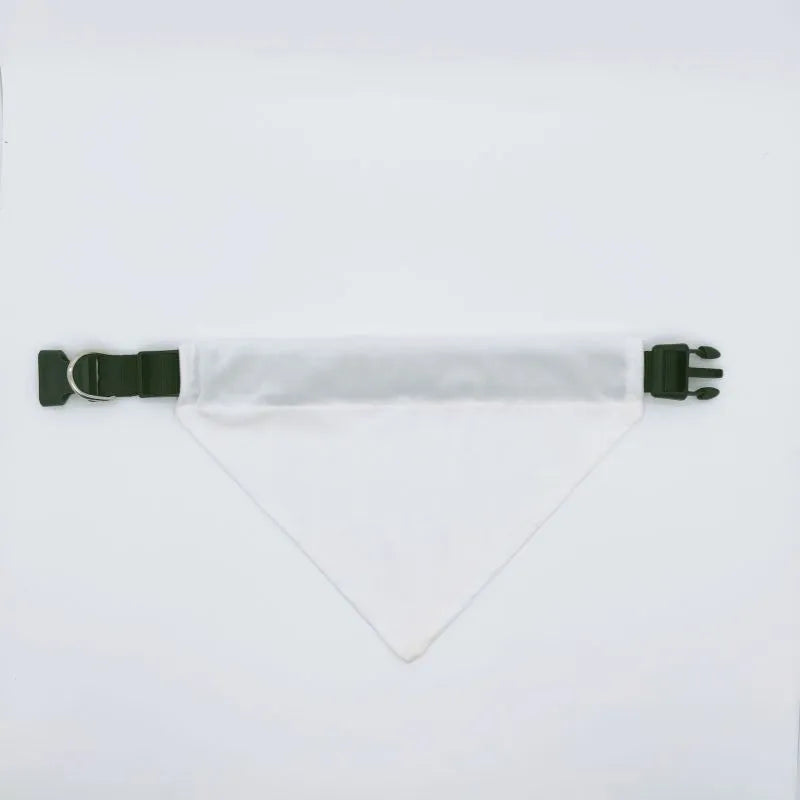 Blank white polyester dog scarf for custom thermal transfer printing in four sizes.