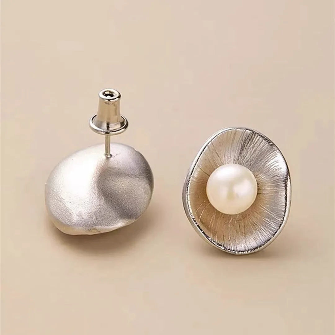 Sterling silver geometric pearl earrings with electroplated gold finish