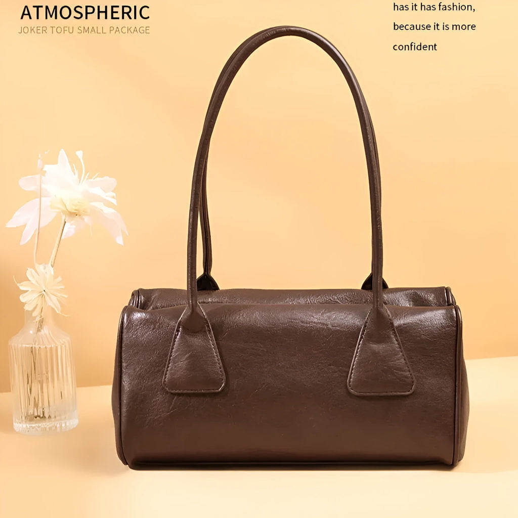 Horizontal square PU leather casual shoulder underarm bag with contrast stitching and zipper pocket in beige colour size 32x16x15cm