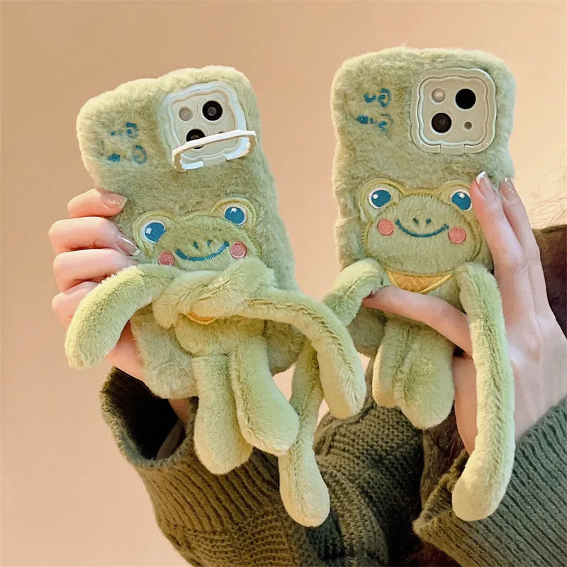 Green flannel cartoon frog phone case with pull-out wave bracket stand for Huawei and iPhone models.