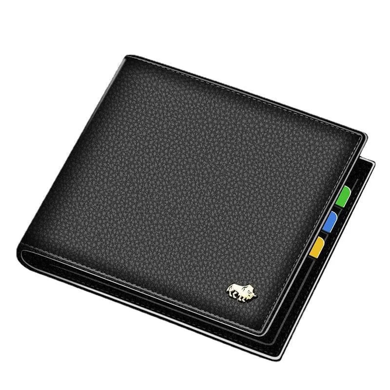 Men's first layer cowhide soft short wallet with multiple card slots in brown with gold logo and zipper