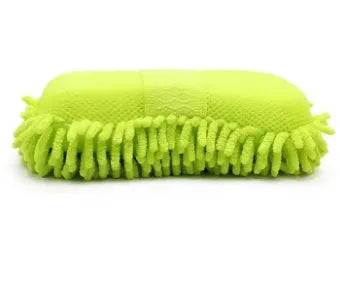 Silver green microfiber car wash sponge measuring 14x25cm on a car surface.