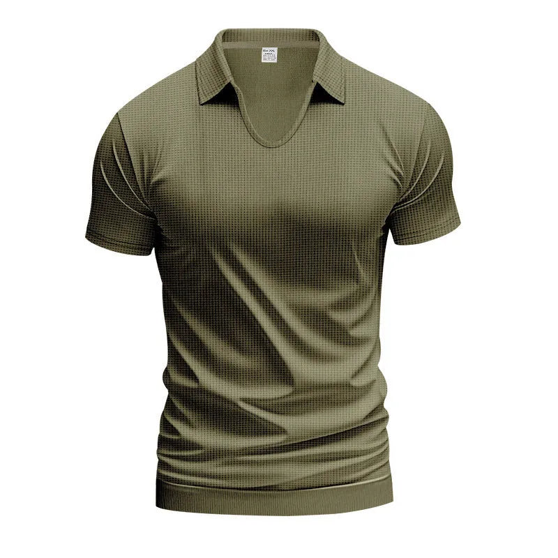 Men's loose fit solid colour V-neck short sleeve t-shirt on a hanger.