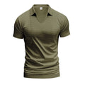 Men's loose fit solid colour V-neck short sleeve t-shirt on a hanger.